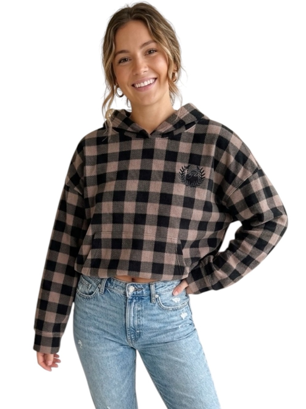 VS PINK Plaid Fleece Cropped Hoodie Dusty Rose Brown Black Oversized M